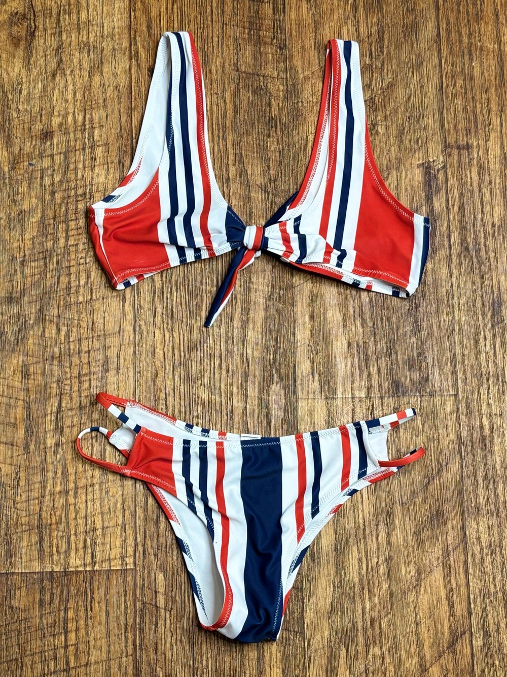 Nautical Red White Blue Striped Bikini Set Size Small Tie Front Strappy Bottoms